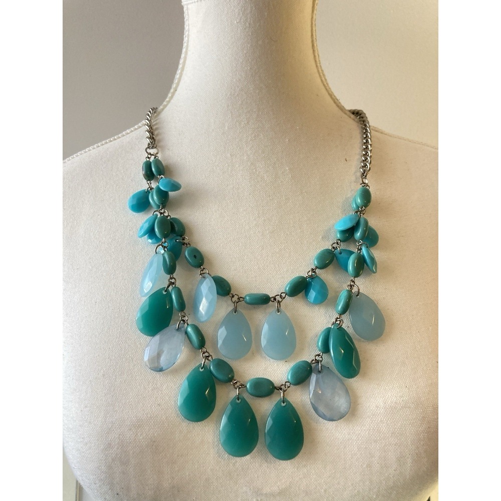 Statement Bib Necklace Teal Blue Teardrop‎ Dangle Acrylic Beads Bold Romantic